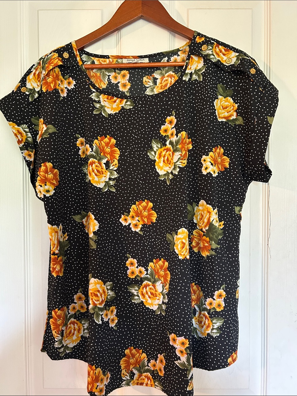 Women's Black Short Sleeve Floral Tee with Yellow Rose Print
